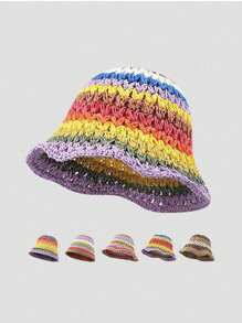 1pc Women's Striped Colorblock Hollow Out Windproof Knit Cap, Suitable For All Seasons - Fisherman's Hat - View 2