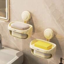 1pc Suction Cup Double Decker Soap Dish, Wall Mounted Drainage Soap Holder Bathroom Shelf No-Drill
