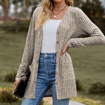 Women's Long Sleeve Open Front Knit Ribbed Cardigan Sweater With Pockets 2025 Winter Lightweight Cardigans Outerwear