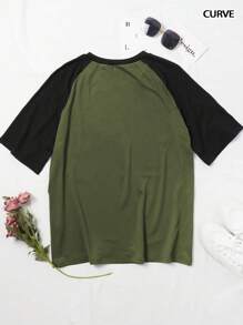 大码女装夏季度假时尚休闲宽松舒适Y2K街头风星形印花撞色插肩短袖圆领针织T恤，毕业季 - 軍綠色 - 查看 7