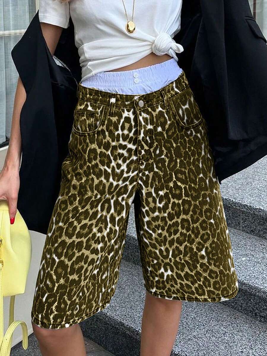 全新复古街头风格豹纹迷彩休闲宽松七分牛仔裤 - 彩色 - 查看 1