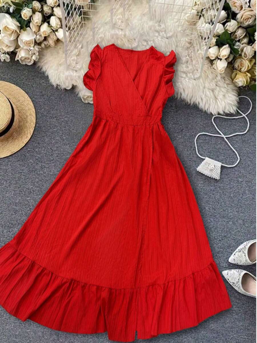 Plus Size Summer Holiday V-Neck Ruffled Sleeveless Dress, Beach Wear - Red - View 1