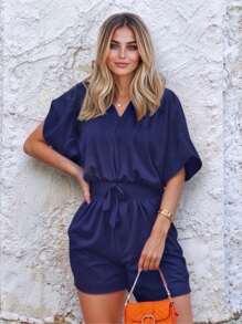 Women's Casual Short Sleeve V-Neckline Knotted Abdomen Jumper - 藏蓝色 - 查看 3