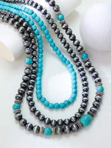 1 pieza Collar de múltiples capas con cuentas exageradas, estilo país occidental, textura de estaño y perlas falsas, cadena para suéter para mujeres - collar - Ver 3