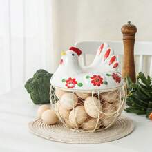 Zazumi Egg Basket 1pc Chicken Egg Holder, Fresh Egg Storage Basket Countertop,Decorative Ceramic Lid With Wire Basket,Holds 2 Dozen Egg - Multicolor - View 5