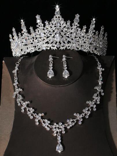 1 Set Women Bridal Accessories - Elegant Crystal Crown, Minimalist Teardrop Necklace And Earrings, 4-Piece Wedding Jewelry Set For Bridal Gown, Wedding, Party