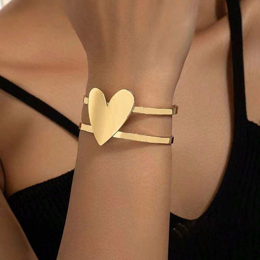 1pc Elegant Heart-Shaped Smooth Bangle Bracelet, Minimalist & Versatile Design For Women