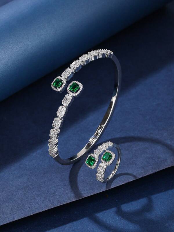 طقم مجوهرات سوار وخاتم 2 قطعة، أنيق وجذاب بأحجار الزركونيا اللامعة، تصميم بسيط وأنيق، مناسب للهدايا والارتداء اليومي/العطلات للنساءرمضان