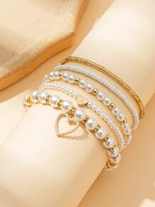 5pcs Luxurious Faux Pearl & Bead Butterfly, Heart Pendant Multilayer Anklet For Teens & Kids, Casual & Holiday