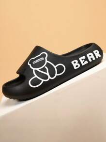 1 双儿童可爱熊图案 EVA 平底凉鞋，简约风格适合所有季节、沙滩、淋浴、休闲穿着 - 黑色 - 查看 6