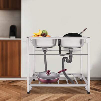 Futchoy Fregadero doble de acero inoxidable Futchoy Fregadero de cocina Fregadero de preparación comercial