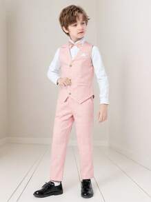 3pcs/Set Young Boy Children Formal Tuxedo Vest, Pants, Necktie Gentleman Suit, Suitable For Holidays, Celebrations, And Daily Activities - Pink - View 3