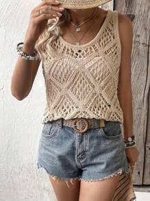 Camiseta de mujer de punto con calado elegante, nueva para primavera/verano