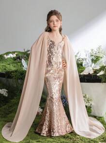 Girls' Sequined Evening Gown With Sweetheart Neckline, Back Tie-Up Closure, Sheer Floor-Length Sleeves & Flared Mermaid Silhouette – Ideal For Wedding Attire, Formal Galas, Red-Carpet Events, Pageant Dresses, And Elegant High-Tea Celebrations - Champagne - View 6
