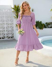 GoyRrbay Women's Sundress Half Sleeve Elastic Square Neck Smocked Ruffle Hem Midi Beach Dress - Màu tím - Xem 4