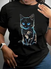 Plus Size Women's Round Neck Cat Print Casual Short Sleeve T-Shirt, Summer - Black - View 4