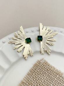 1 Pair Fashionable Minimalist Niche Design Jewelry Gold Plated Stainless Steel & Green Natural Stone Fan-Shaped Earrings, Suitable For Women's Daily Wear And St. Patrick's Day Gift