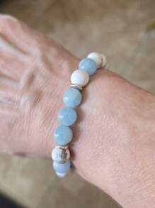 YAUKIA 1 件海蓝宝石 & 白玉 & 白纹石水晶手链，海蓝宝石疗愈玛拉宝石弹性手链，缓解焦虑镇静，增强直觉手链，水晶串珠手链，女士 - 彩色 - 查看 7