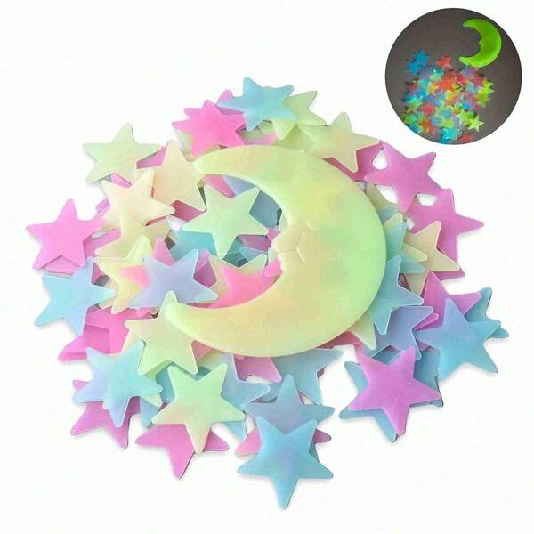 100pcs 40pcs Colorful Luminous MINI Stars With 1 Piece Of Moon, Wall Star Stickers, Bedroom Mural Stickers, 3D Luminous Star Stickers Create Realistic Starry Sky, Room Decoration, Home Art Decoration, Ceiling Wall Decoration ( Moon Color Randomly Sent )