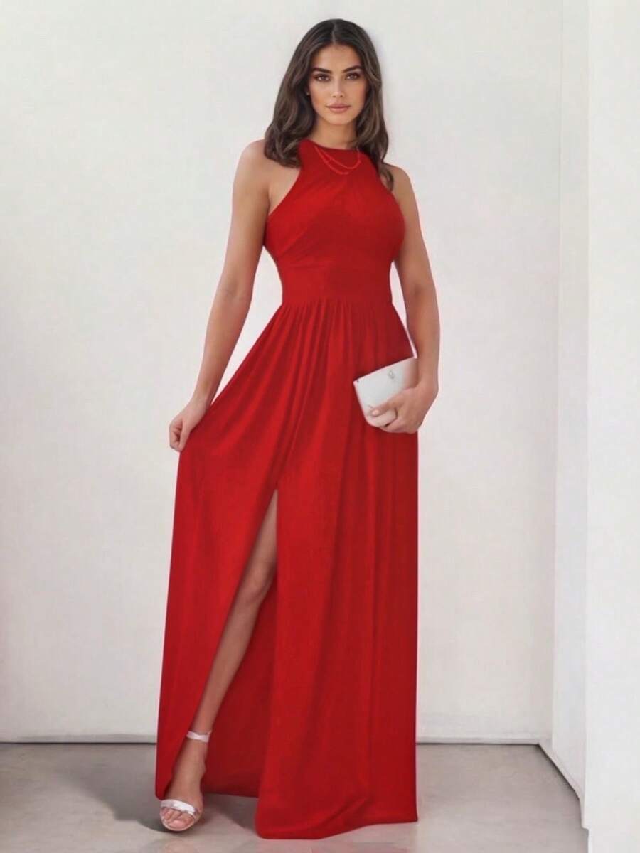 Sophisticated Off-The-Shoulder Long Dress With Leg Slit - 紅色 - 查看 1