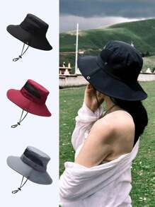 1pc Casual Solid Color Boho Hollow Out UV Protection Windproof Knit Hat, Women, All Seasons - Fisherman's Hat - View 7