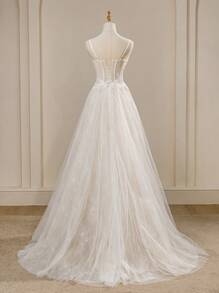 Vestido de Fada com Alças de Espaguete com Renda Floral, Vestido de Casamento Elegante Romântico em Linha A com Tule e Cauda para Festa e Banquete - Branco - Visão 3