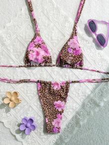 Conjunto de Bikini Triángulo Seductor para Mujer, Estampado Floral Animal Elegante para Vacaciones de Verano en la Playa de Mujer