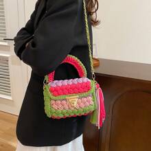 1pc Handwoven Contrast Color Cloth Strap Women Handbag, Colorful Contrast Color Fashionable Casual Tote Bag With Removable Strap & Handle, Spacious Shoulder Bag For Daily Use, Gift For Friends - Multicolor - View 7