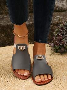 Women's Fashion Casual Color Block Cute Rhinestone Thong Sandals, Beach Slippers - Brown Gray - View 4