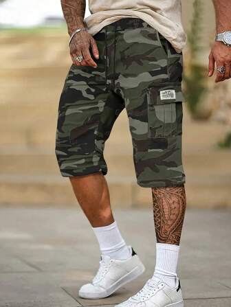 Men's Spring And Summer Outdoor Cargo Shorts With Embroidered Logo, Drawstring Elastic Waist, And Large Pockets In Military Green For Hiking, Fishing, Camping, Running, Trekking, And Casual Wear