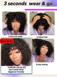 无胶水波人发假发，带刘海，100% 未加工巴西原生发，全机器制造，无蕾丝前假发，女士卷发波浪假发，带刘海，150% 密度 - Natural Black - 查看 6