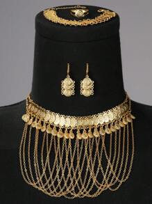 5 件/套时尚流苏链多层项链、金币、圆形硬币吊坠、耳环、手链、戒指、首饰套装、新娘结婚首饰、女士节日黄金首饰 - 金黃色 - 查看 1