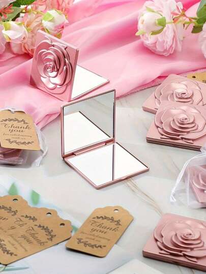 Set de 18 piezas Espejo compacto con forma de rosa con gran capacidad, espejo de viaje en forma de rosa para la fiesta de boda, con etiqueta de agradecimiento y bolsa de organza, para novia soltera y fiesta de bodas