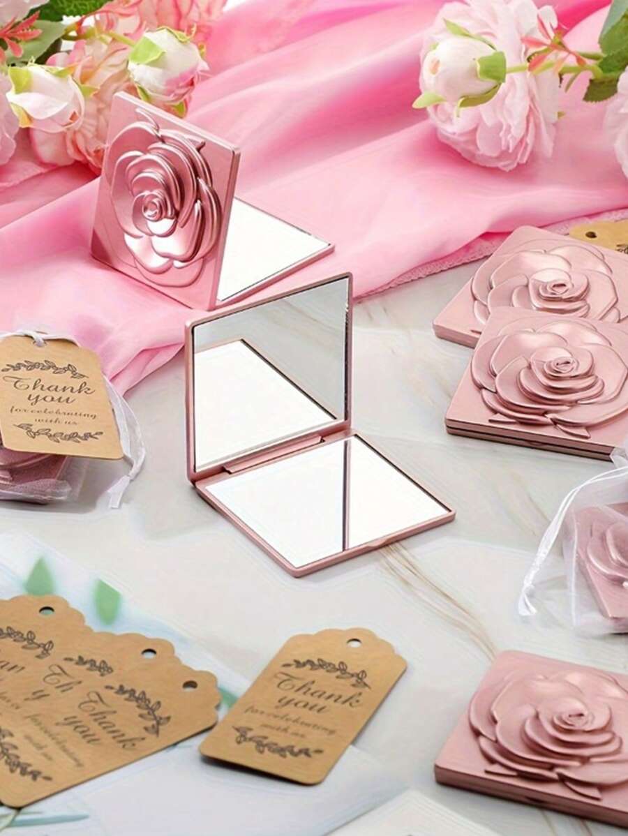 18pcs/Set Rose Compact Mirror Large Capacity Wedding Party Concierge Rose Shaped Travel Purse Mirror, Thank You Tag And Organza Bag, Single Bride Wedding Party - Multicolor - View 1