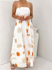 Women's Summer Vacation Beach Sundress Casual Strapless Long Dress Boho Sun Print Sleeveless Loose Tube Long Dress Summer Beach Dresses - Orange - View 2