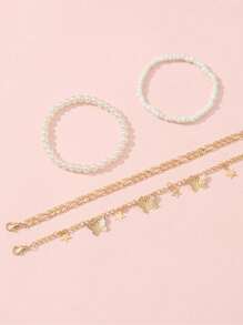 4pcs/Set Beach Style Star & Butterfly Faux Pearl Beaded Anklet Accessories For Girls
