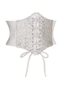 1 件女士银色闪光松紧腰带，适合日常穿着万圣节服装 - 白色 - 查看 5