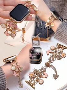 1 条 Apple Watch 表带 Apple Watch 表带女式金色和粉色手链，奢华蝴蝶水钻表带，兼容 Apple Watch 38/40/41/42/44/45/46/49mm，兼容 Apple Watch Ultra/SE/Series 10/9/8/7/6/5/4/3/2/1，带蝴蝶图案/雏菊/皇冠吊坠，伸缩抽绳设计，卡通可爱，时尚精致，可用作日常使用或生日礼物 - 玫瑰金 - 查看 4