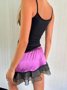 Women Y2k Lace Patchwork Mini Skirts Summer Leopard/Dot Print Low Rise Bow Front Lace Slip Skirt Contrast Ruffle Flowy Mesh Tiered Short Skirts Underskirt Layered Flowy Skirts - Màu tím - Xem 4