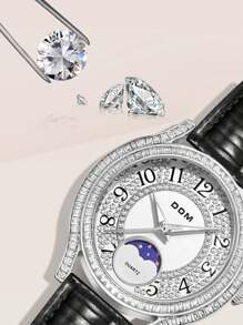 DOM 1 件时尚女士水钻镶嵌昼夜发光珍珠贝母表盘皮革表带防水腕表 - 銀色 - 查看 8