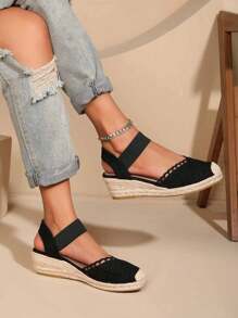 Sandalias de cuña de cuerda ligeras, transpirables y de moda para mujer - Negro - Ver 3