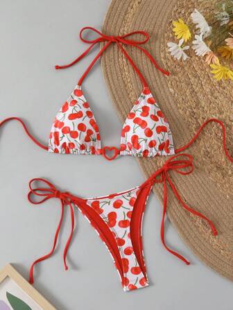 Bikinx Conjunto de bikini triángulo con estampado de cerezas y tirantes para mujer, ideal para playa y vacaciones de verano