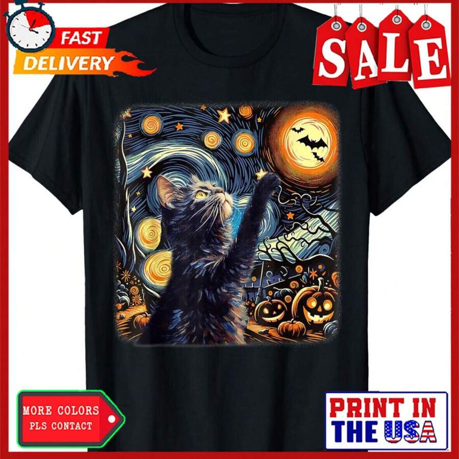 Halloween Van Gogh Starry Night  Cat Pumpkins Unisex T-Shirt - Black - View 1