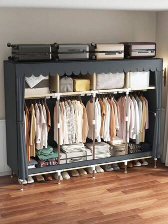 Portable Minimalist Wardrobe For Home/Bedroom, Equipped With Hanging Area And Multi-Layer Storage Racks, Top Design With Shelving, Durable Steel Frame, Essential Storage Cabinet For Clothing Organization