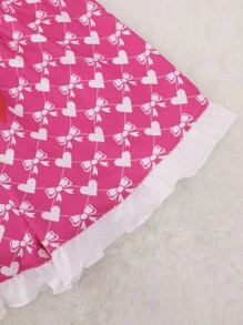 2 件套女士蝴蝶结心形全身印花睡衣套装，含短袖衬衫和短裤，适合所有季节 - 玫紅色 - 查看 9