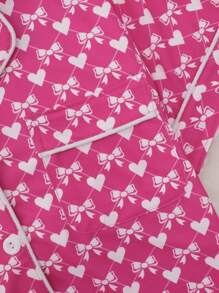 2 件套女士蝴蝶结心形全身印花睡衣套装，含短袖衬衫和短裤，适合所有季节 - 玫紅色 - 查看 5