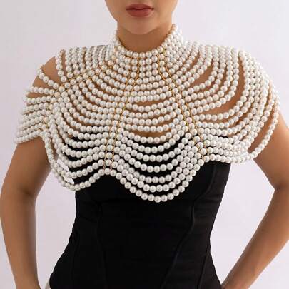 1pc Elegant Bohemian Handcrafted Multi-Layer Beaded Faux Pearl Body Chain - Ideal For Brides And Party Wear