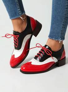 Comfortable Womens Classic Oxfords Lace Up Chunky Heel Oxfords Business Formal Wingtip Brogue Dress Shoes For Women - Red - View 2