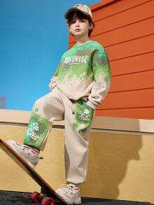 ASK JUNIOR 2件套男童渐变印花长袖连帽衫和裤子套装 - 綠色 - 查看 2