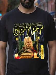 [Horror Style Crypt Tee] Yellow "TALES FROM THE CRYPT" Horror T-Shirt - Soft Cotton, Round Neck, Short Sleeved, Suitable For All Seasons Vintage Shirts Graphic Tees Men Camisas Para Hombre Funny Shirts Fathers Dad Gift, 4th Of July Matching Outfits - Black - View 1
